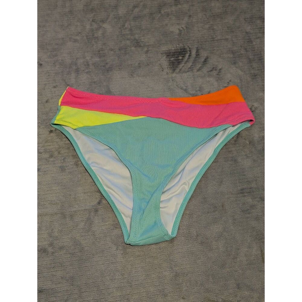 NWT Popvil Women's High Waisted Color Block Bikini Bottoms M Pink Yellow Blue